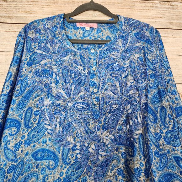 Jest Jewels Women's Size Large Blue Floral Embroidered Quarter Button Silk Blend - Picture 2 of 13